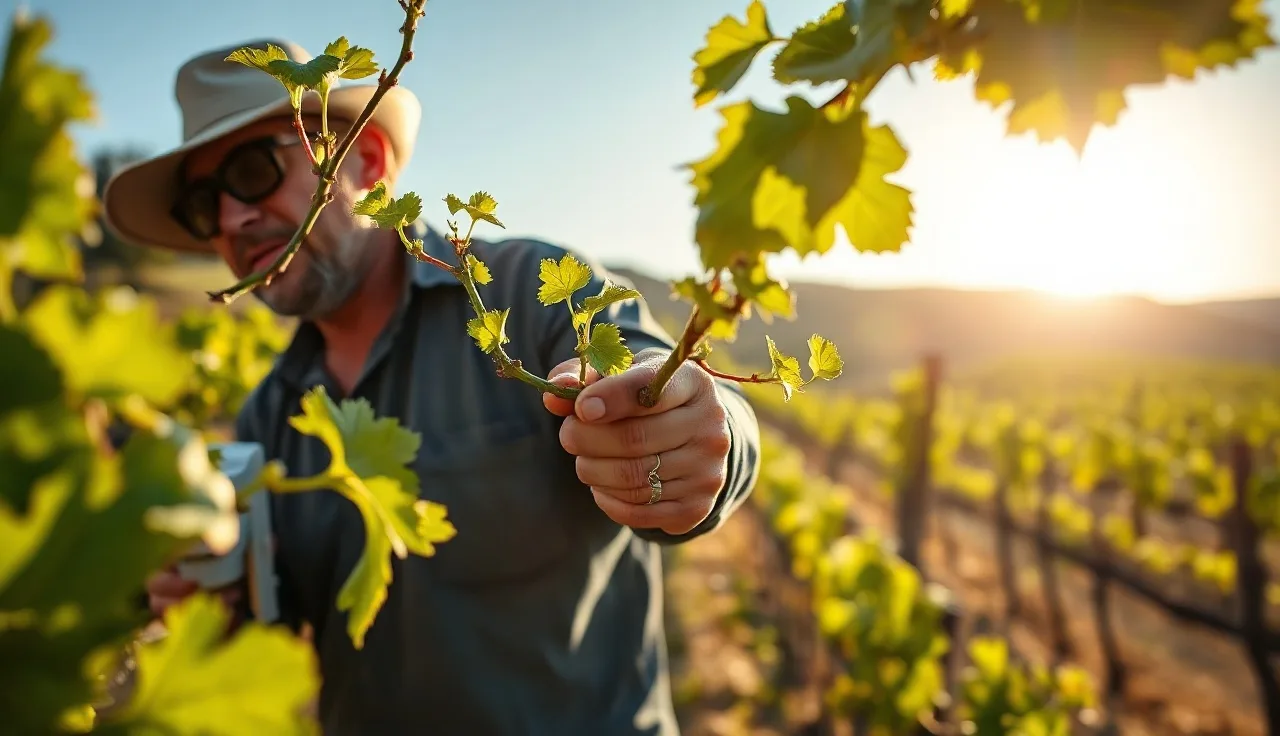 Vineyard worker hand-removing shoots from a grapevine cordon during spring shoot thinning