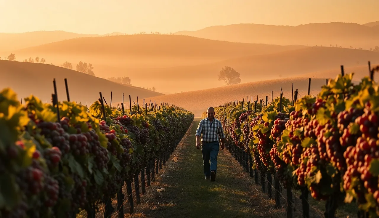 Vineyard worker among ripe grape clusters under heavy wildfire smoke haze