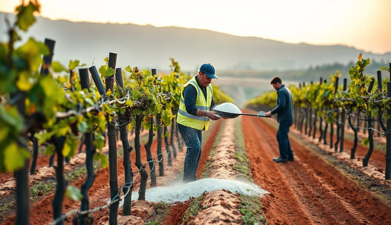 Worker applying lime amendment to vineyard row between dormant grapevines