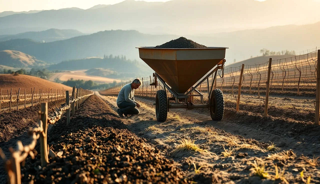 Farm worker examining freshly spread compost between dormant vineyard vine rows