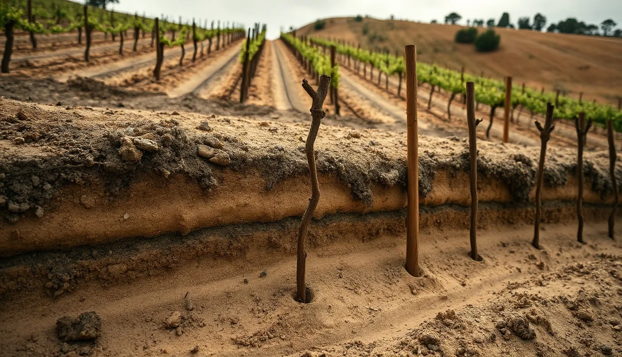 Open soil pit beside young grapevines showing layered soil profile in a hillside vineyard