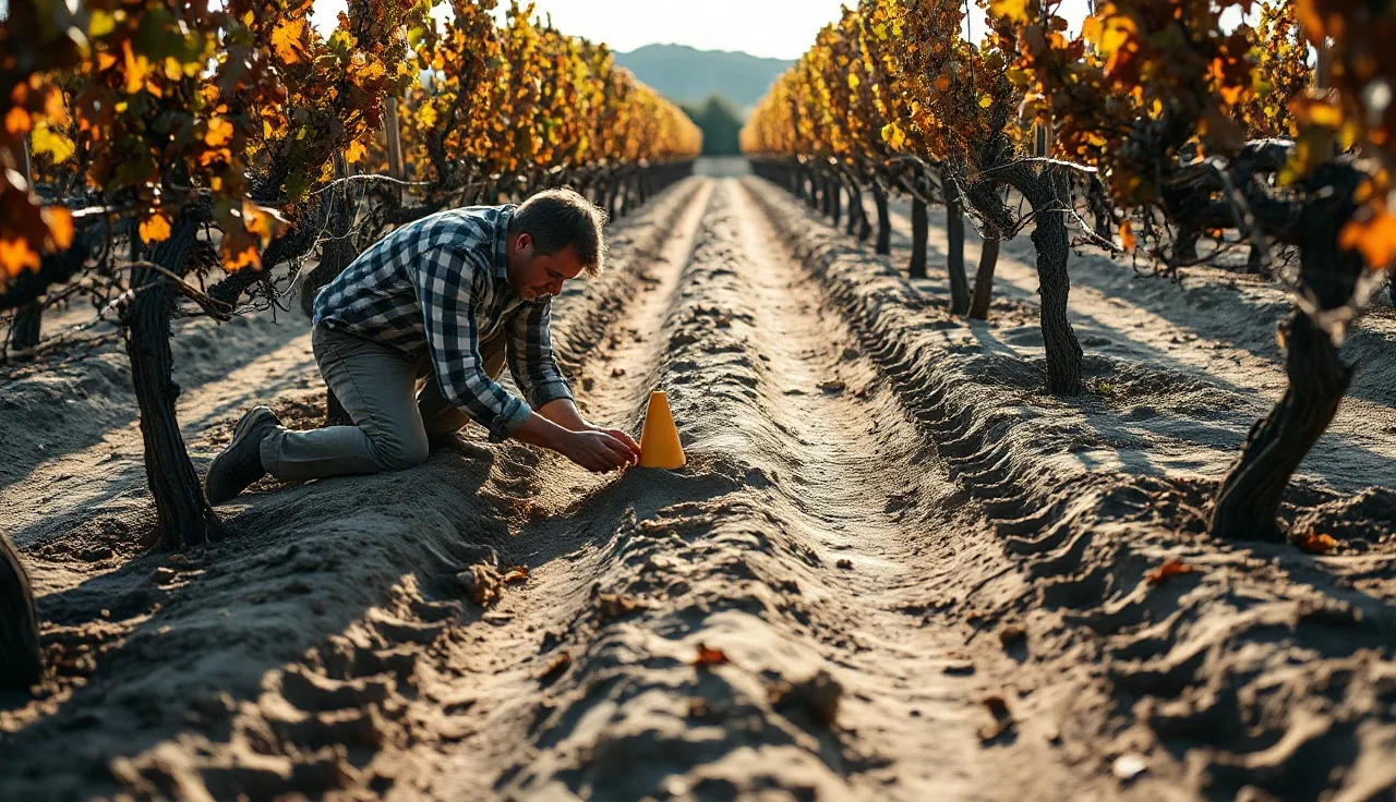 Vineyard worker using penetrometer to measure soil compaction in a Croatian inter-row