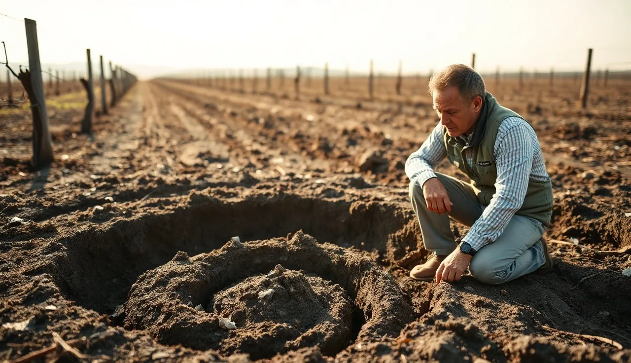 Soil consultant examining a profile pit in a dormant vineyard block