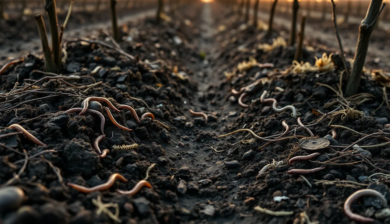 Moist vineyard soil at dawn showing earthworms and fungal threads between vine rows