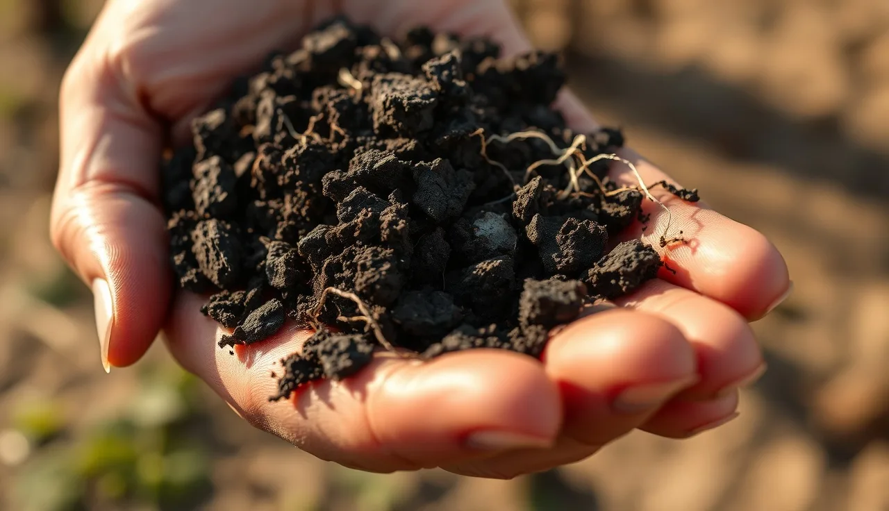 Handful of dark vineyard soil showing fungal hyphae threads and vine roots