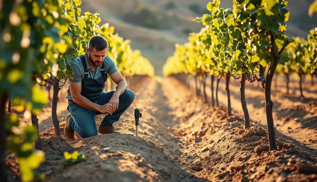 Vineyard worker checking soil moisture sensor probe between grapevine rows at sunrise