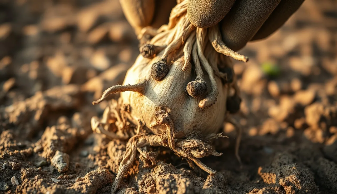 Grapevine roots with nematode galls resting on dry vineyard soil
