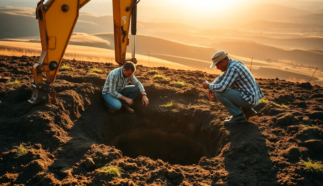 Agronomist examining soil horizon layers in an open pit on a vineyard site