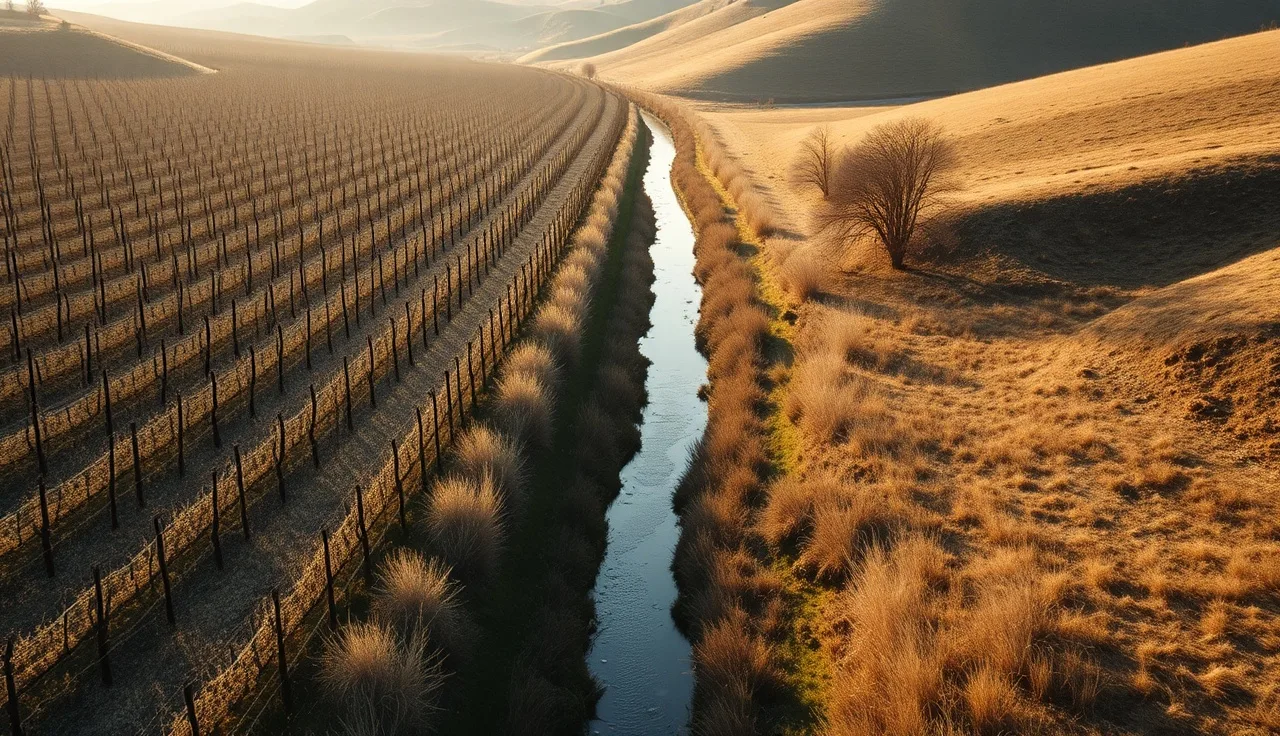 Vineyard rows ending at a wide riparian buffer along a Sonoma County stream