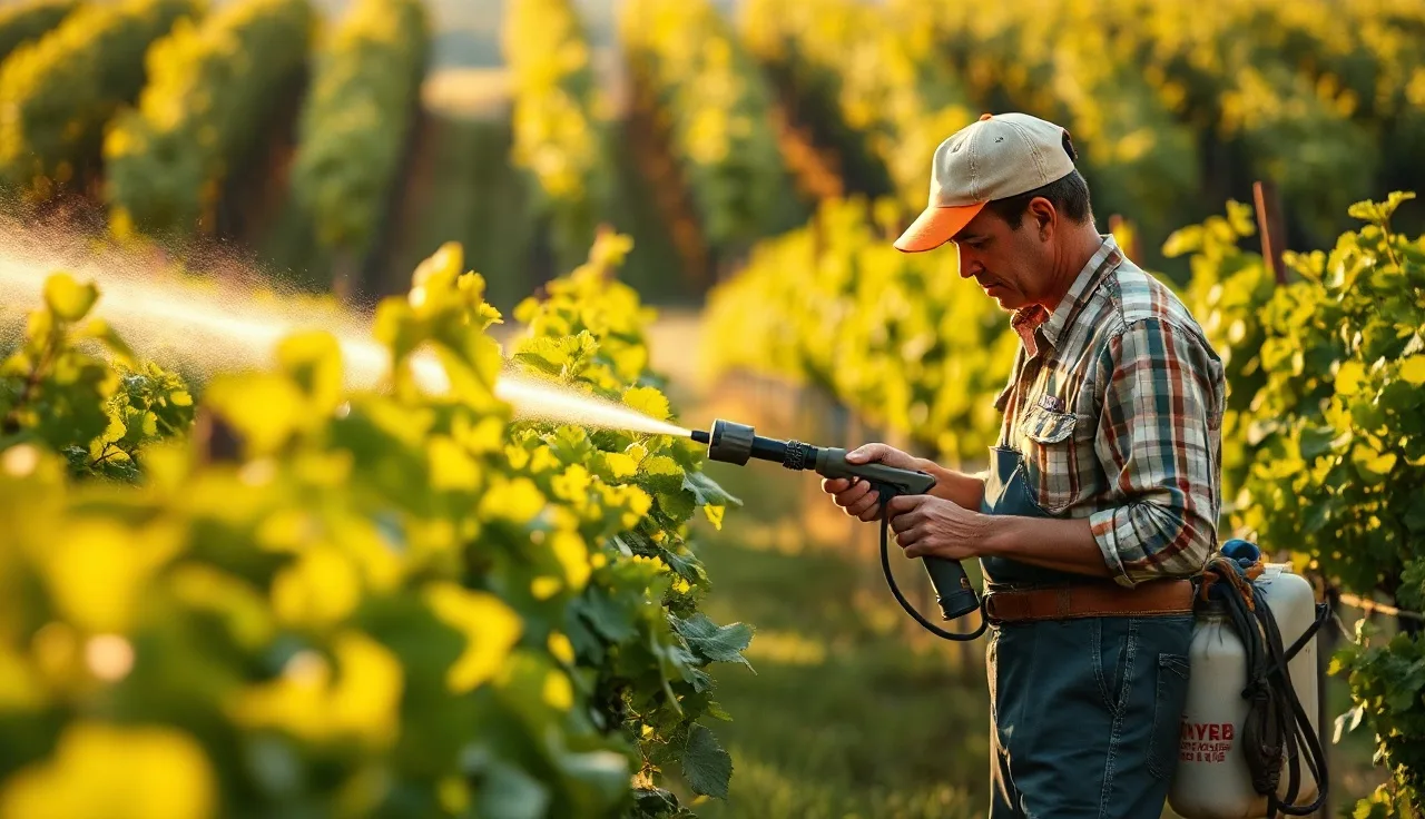 Vineyard worker calibrating air-blast sprayer during powdery mildew spray application in vine rows