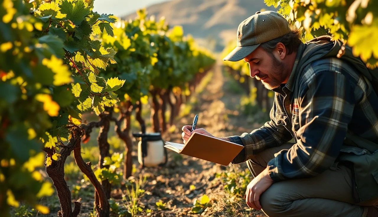 Vineyard manager recording spray application data in a field notebook between grapevine rows
