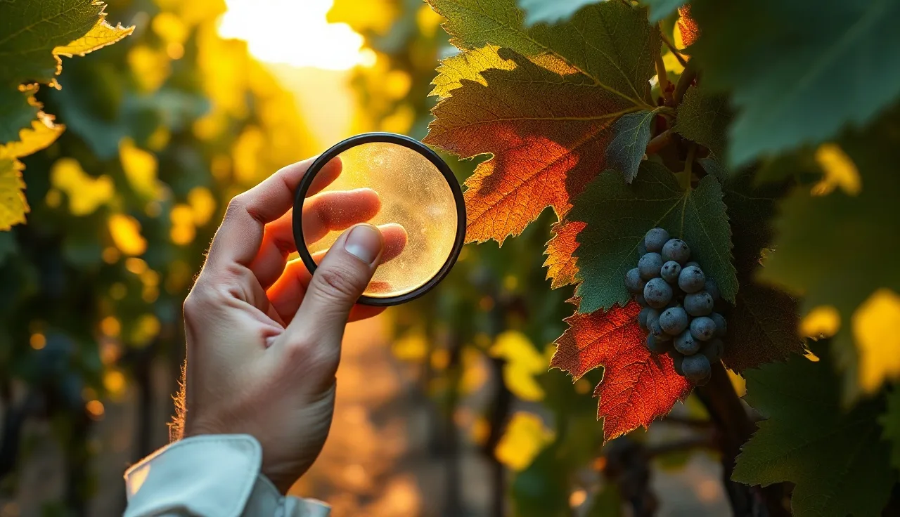 Vineyard worker inspecting grapevine leaf underside for spider mites with hand lens