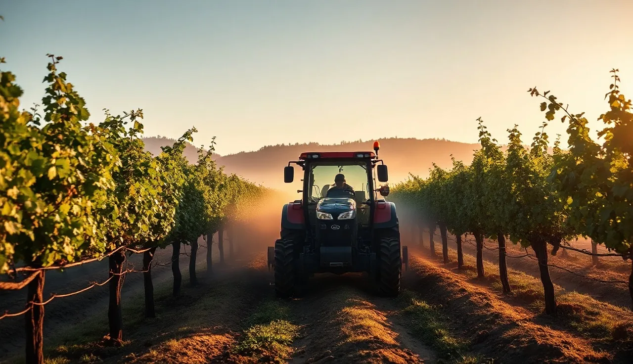 Hooded sprayer on tractor applying herbicide beneath dormant vineyard rows at dawn