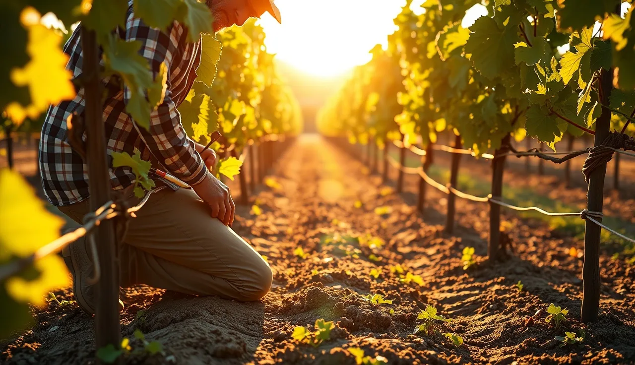 Vineyard worker measuring soil temperature near grapevine trunks before nematode application