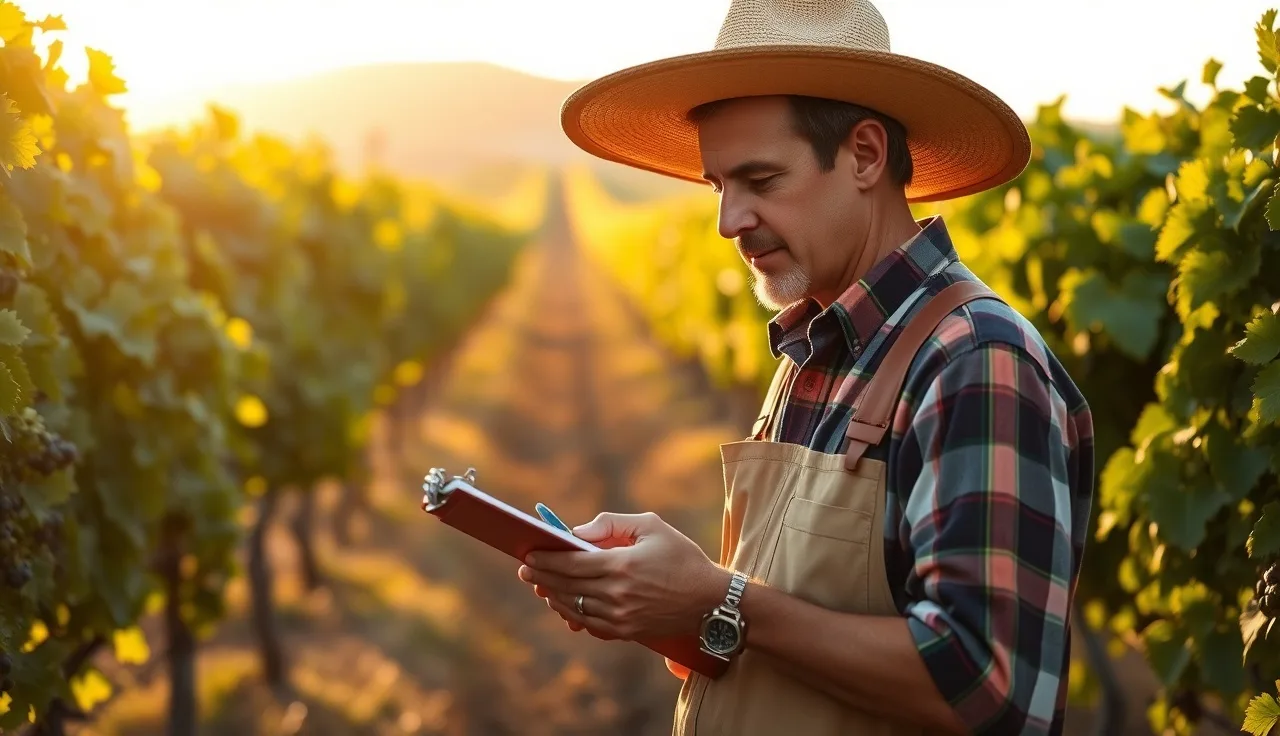 Vineyard worker completing a spray record on a clipboard between grapevine rows