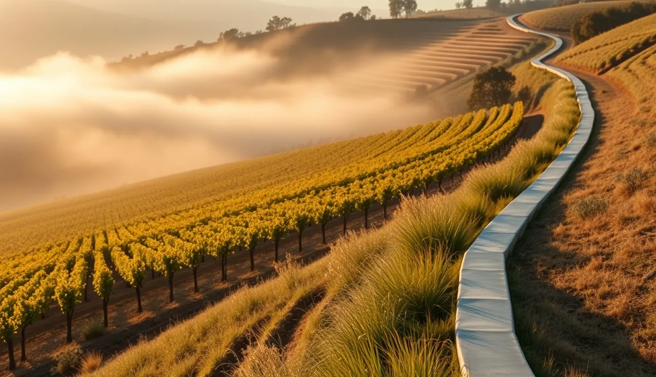 Terraced vineyard rows with grass-lined drainage swale on a foggy hillside