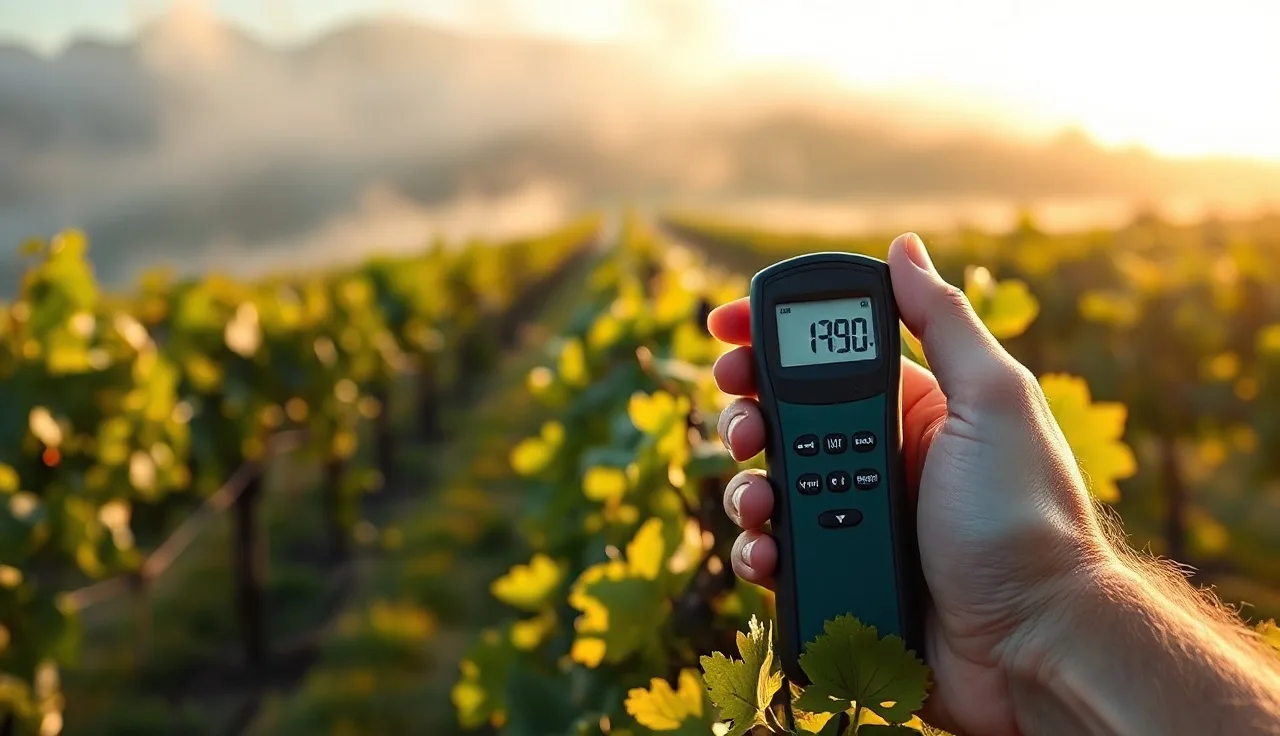 Digital thermometer resting on a grapevine cordon in early morning vineyard light