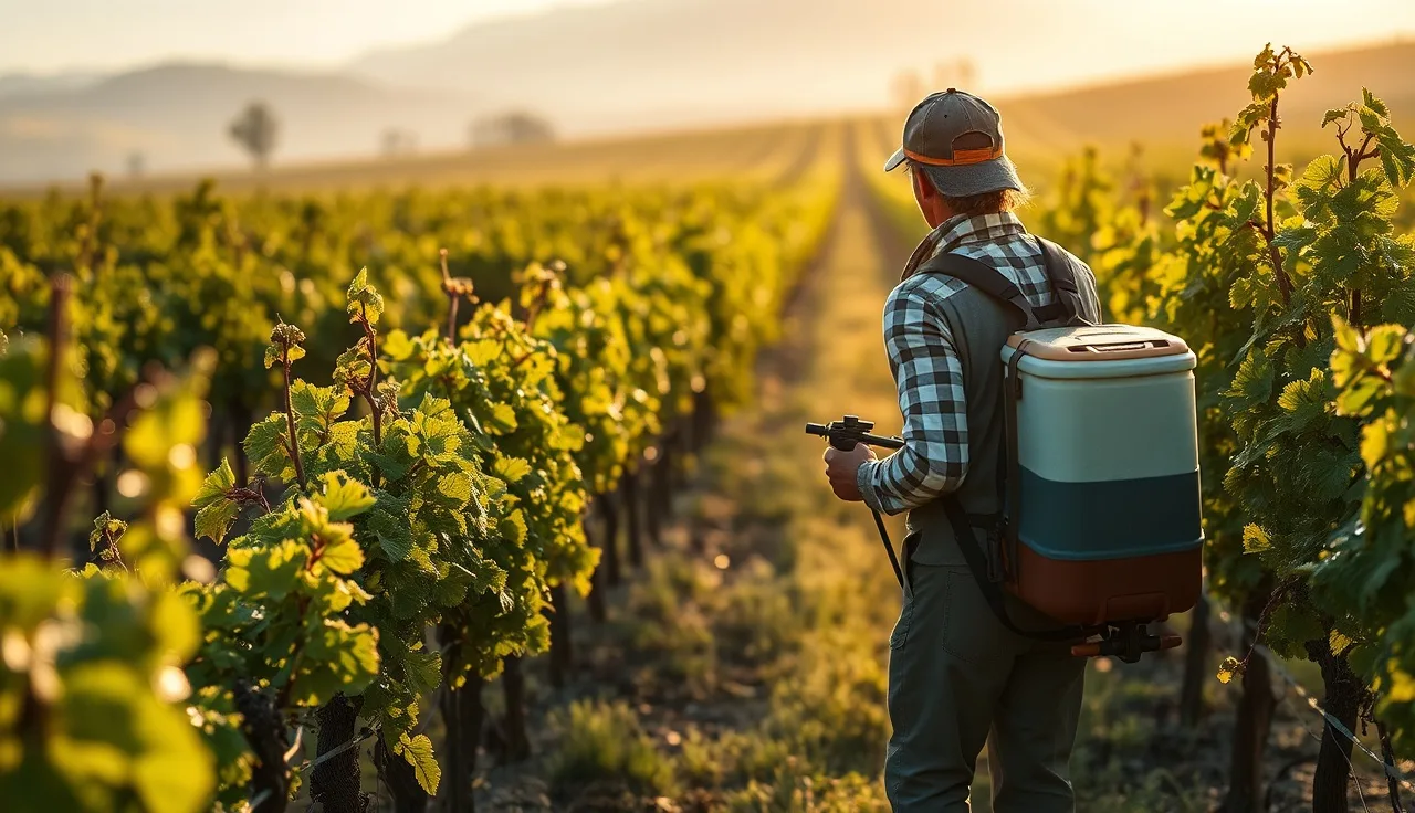 Vineyard worker applying sulfur spray to young grapevines at budbreak in early morning light