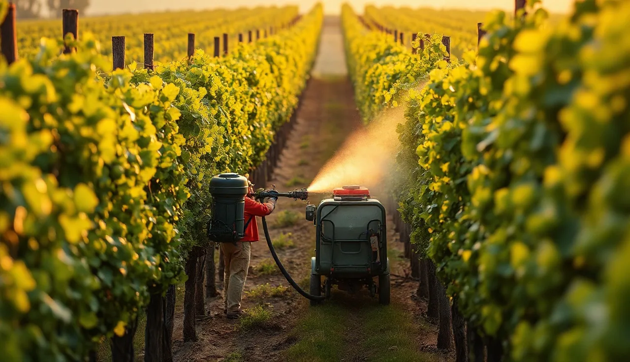 Airblast sprayer applying sulphur mist through green grapevine rows at dawn