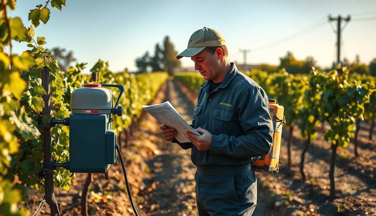 Vineyard worker reviewing spray label documents beside application equipment in morning light