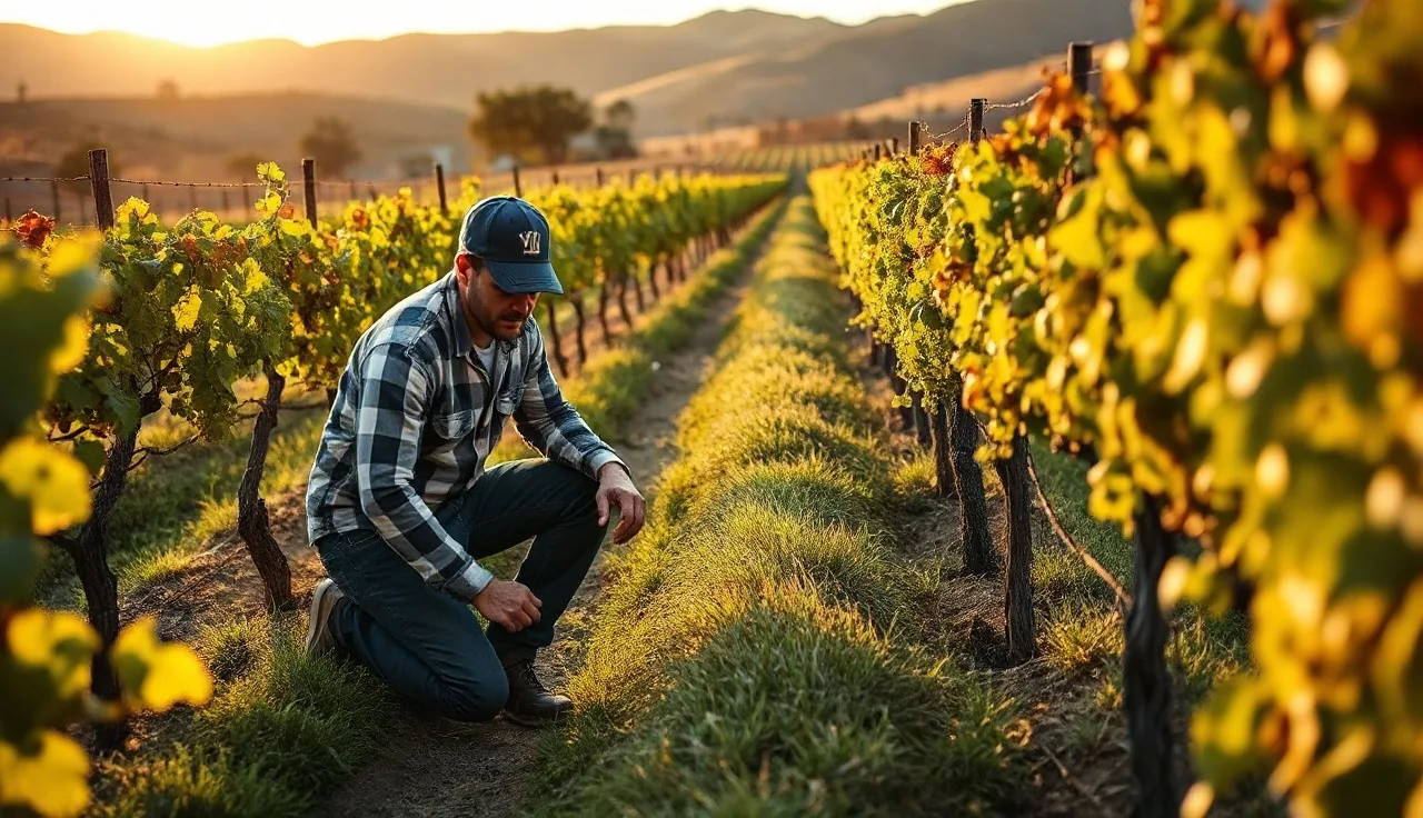 Vineyard worker examining cover crops between vine rows at golden hour