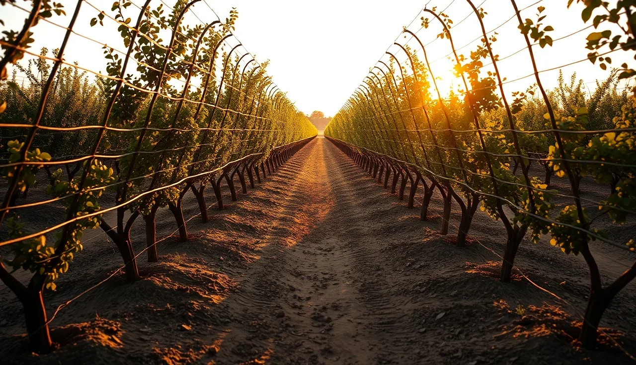 Long row of V-shaped tatura trellis frames in a fruit orchard at golden hour