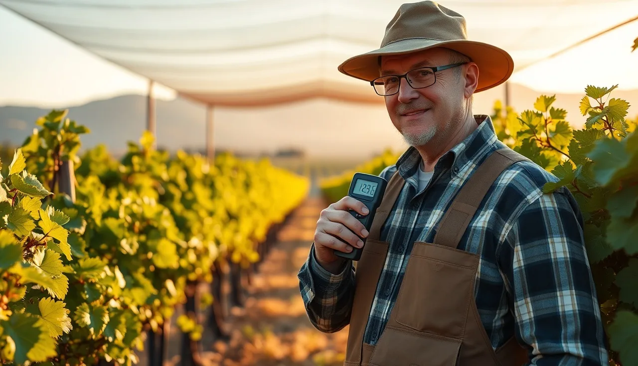 Vineyard worker measuring canopy temperature between grapevine rows before sulfur application