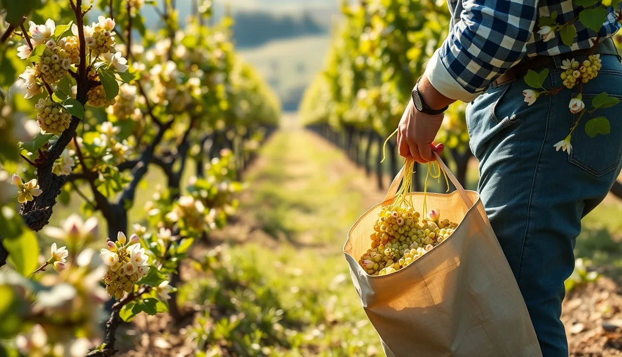 Vineyard worker collecting Chardonnay petioles at full bloom for nutrient sampling