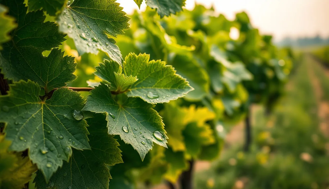 Dew-covered grapevine leaves with early disease lesions in a Tennessee vineyard