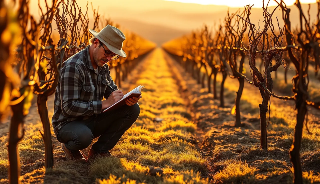 Vineyard manager recording inputs in a field notebook between grape vine rows