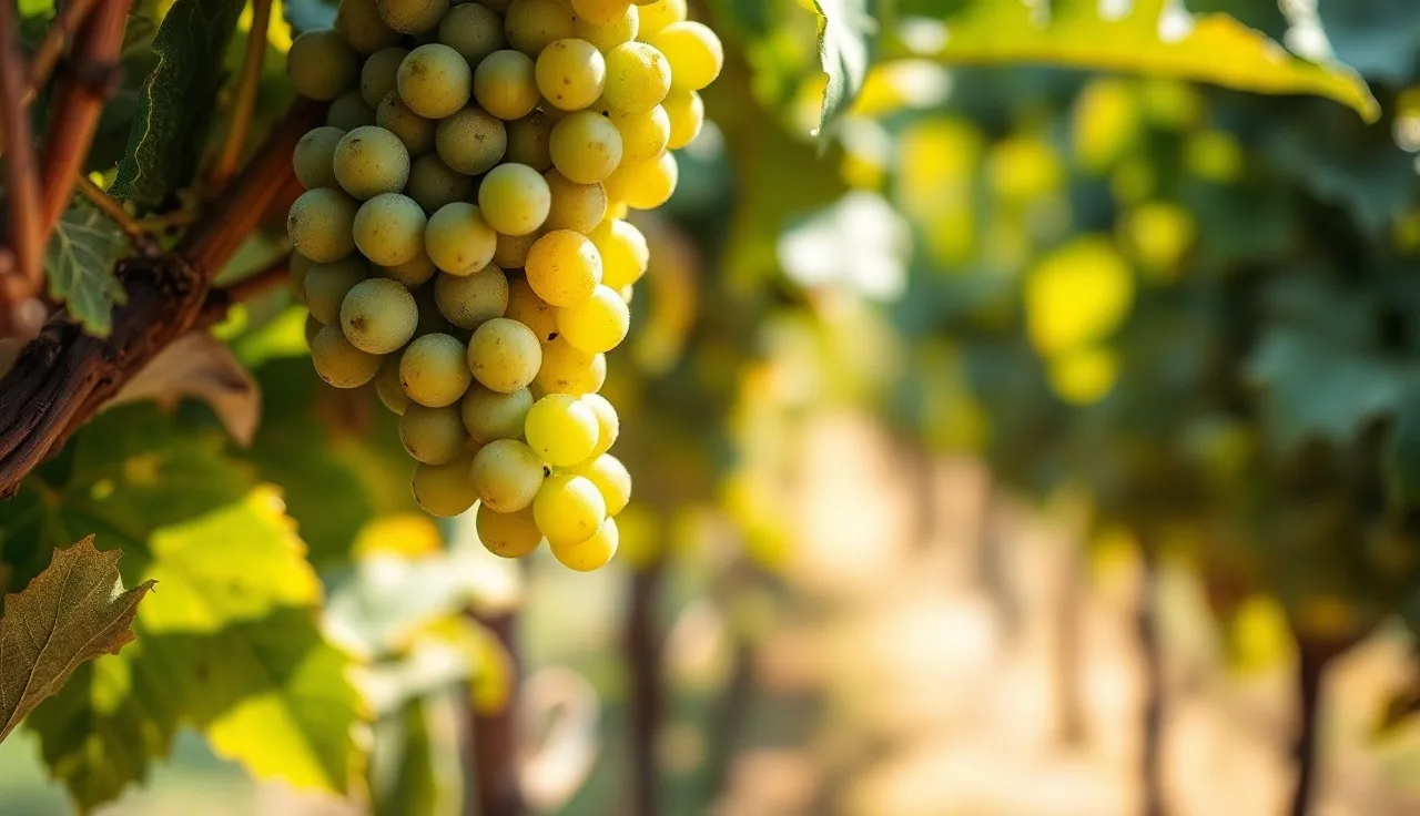 Green wine grape cluster on vine with leaves pulled back in cluster zone, powdery mildew topic