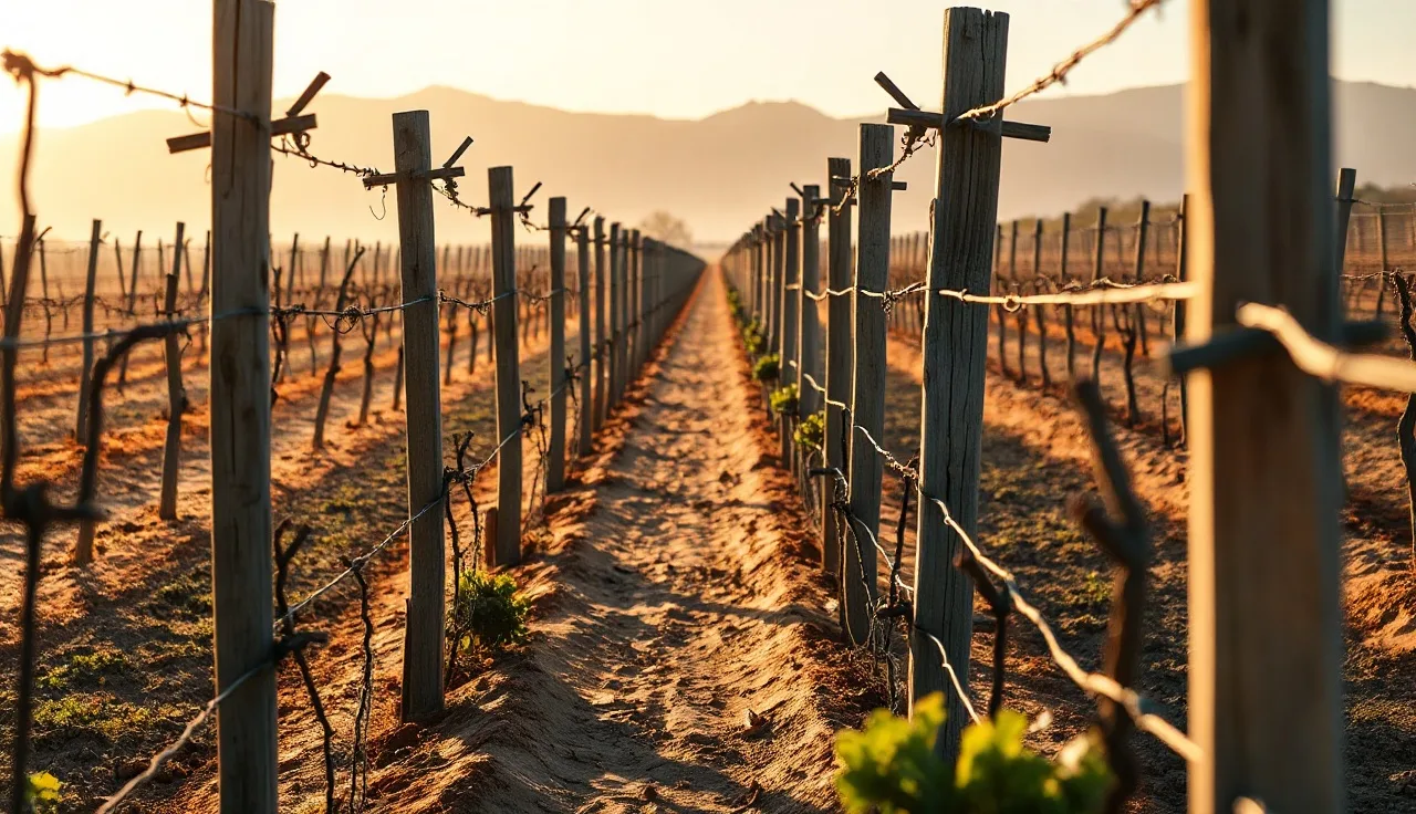 Vineyard trellis posts and wire rows at sunrise with dormant grapevines