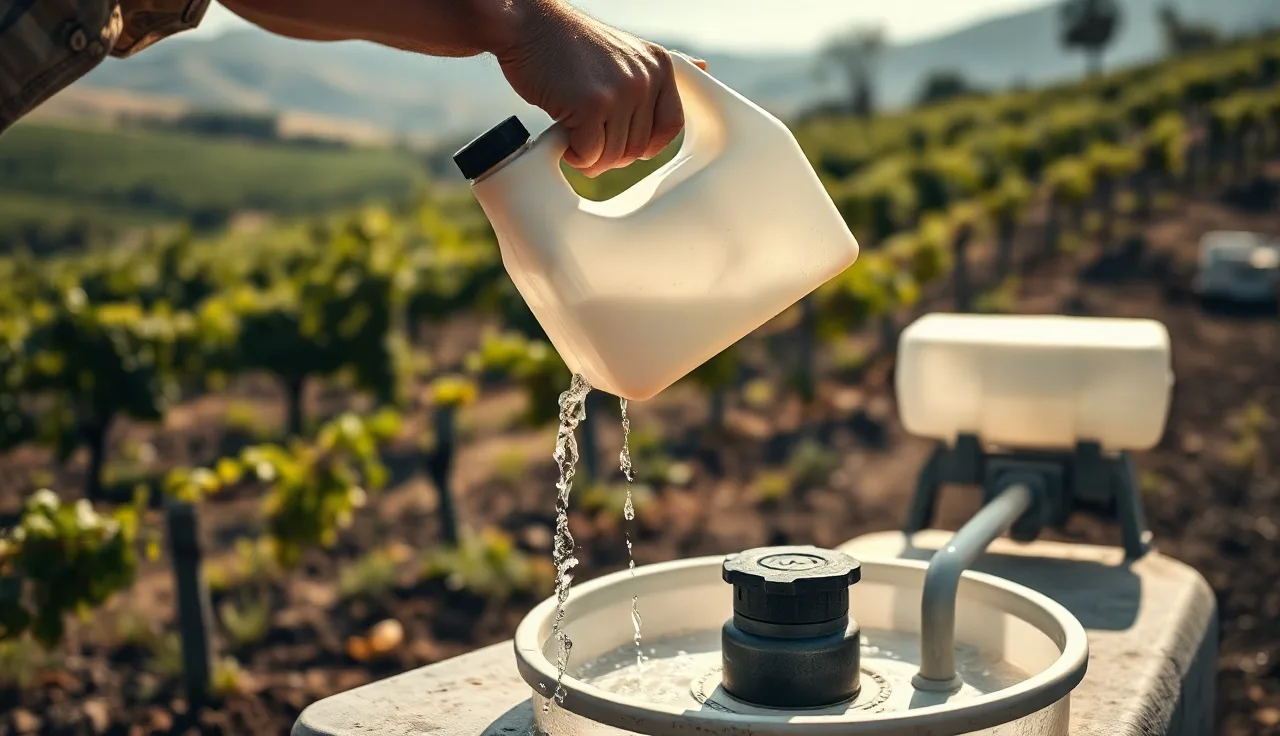 Vineyard worker triple rinsing a pesticide container over a spray tank in a vineyard