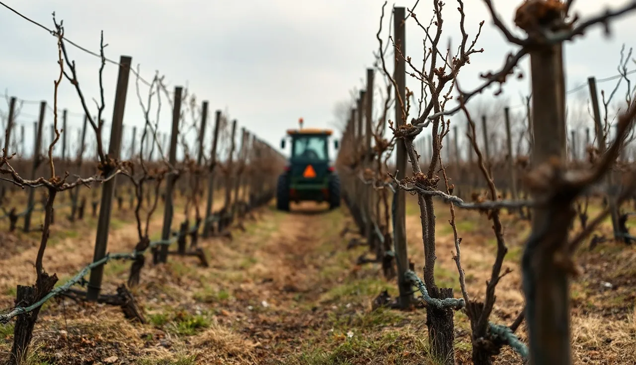 Spray rig applying wound protectant to freshly pruned dormant grapevine canes at dawn