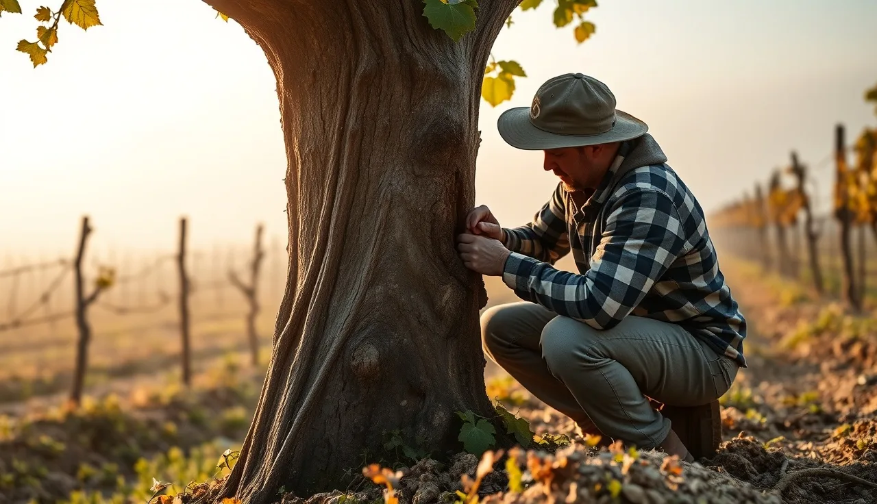 Vineyard worker performing trunk injection into a grapevine for disease management