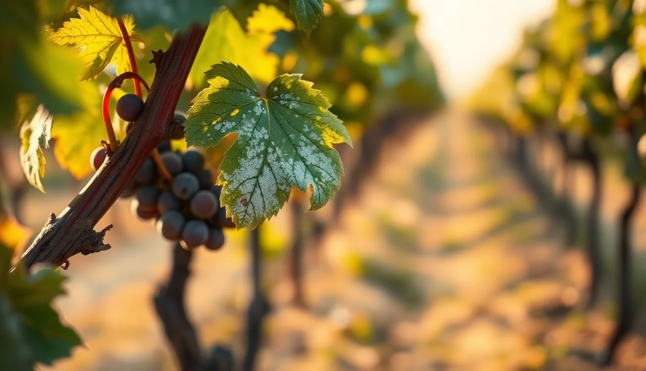 Grapevine leaves showing white powdery mildew coating in a vineyard row at dawn