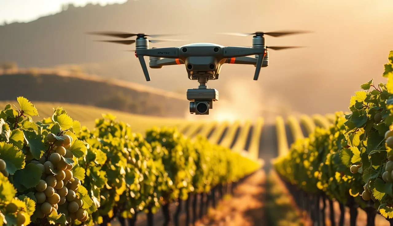 Agricultural drone spraying low over grapevine rows in a hillside vineyard