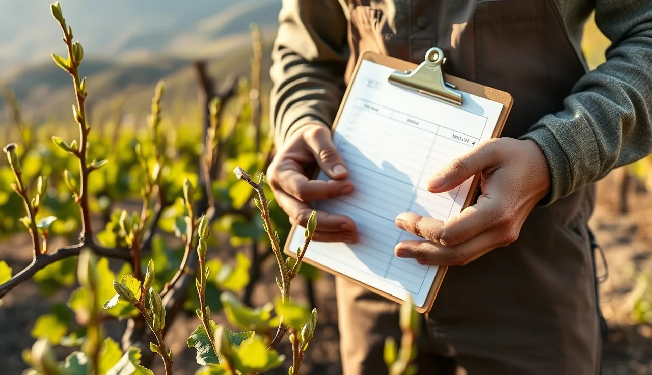 Vineyard worker reviewing spray records near grapevines at budbreak in California