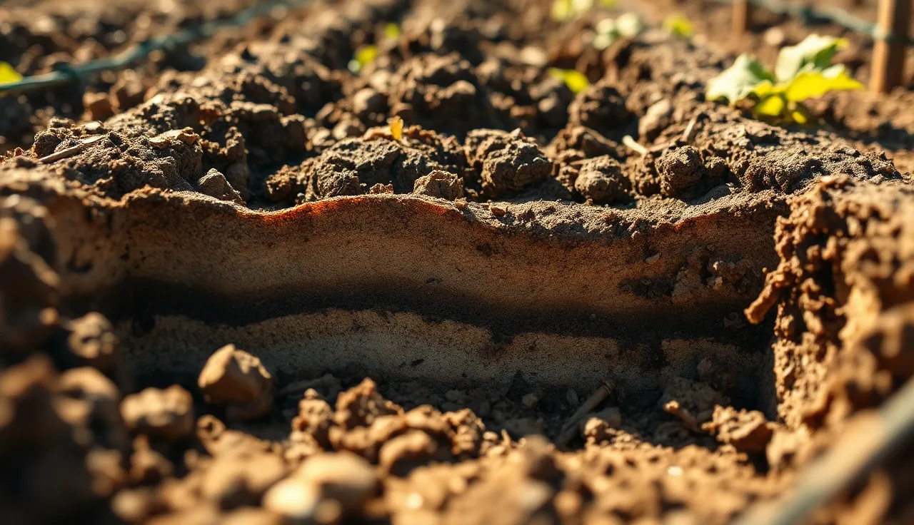 Open soil pit in a vineyard showing layered soil horizons and grapevine roots