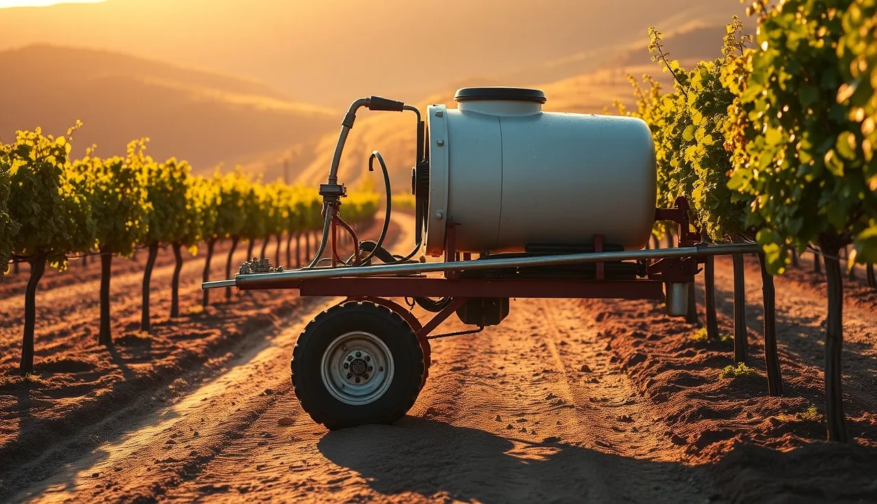 Used air-blast vineyard sprayer parked at end of vine row in afternoon light