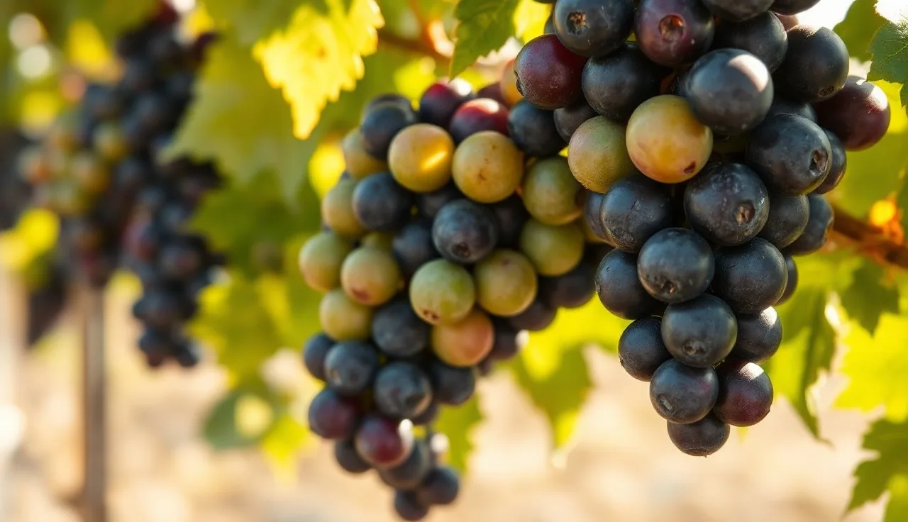 Grape cluster at veraison showing green and purple berries on vine in summer vineyard