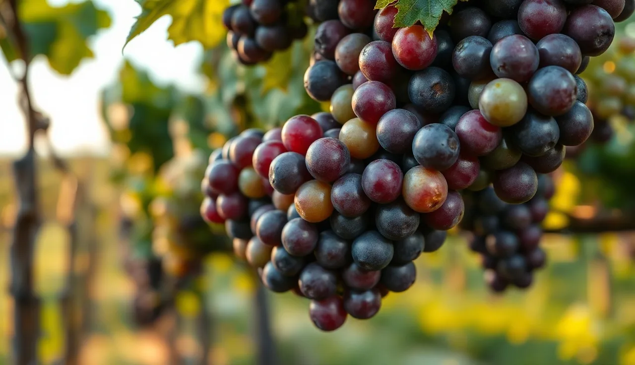 Grape cluster at veraison showing green and ripening red berries side by side