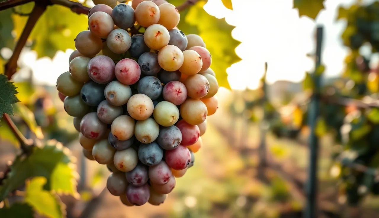 Grapevine cluster at veraison showing green and turning red-purple berries