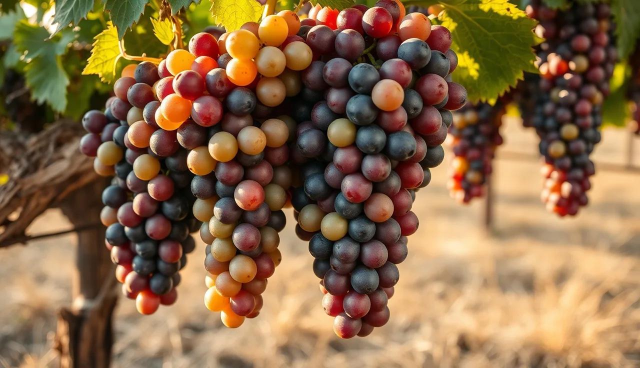 Grape clusters at veraison showing berries turning from green to deep red on the vine