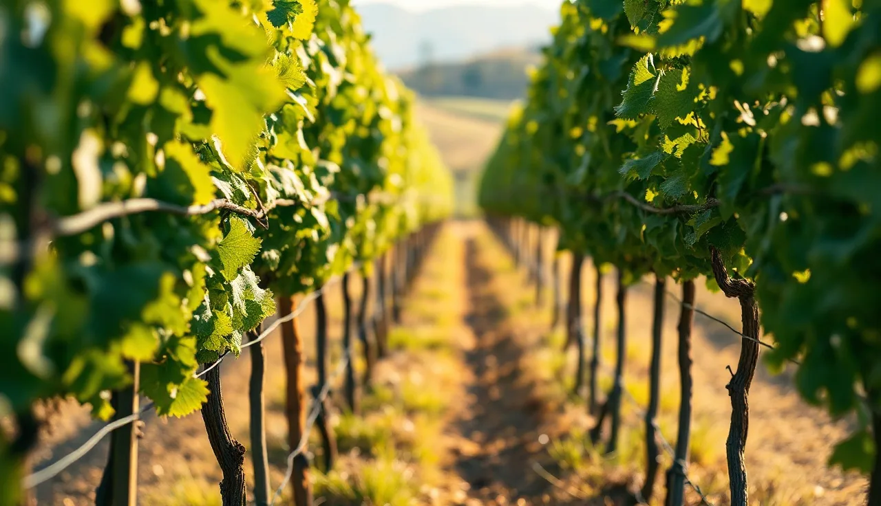 VSP vineyard rows with upright shoots held between foliage wires at dawn
