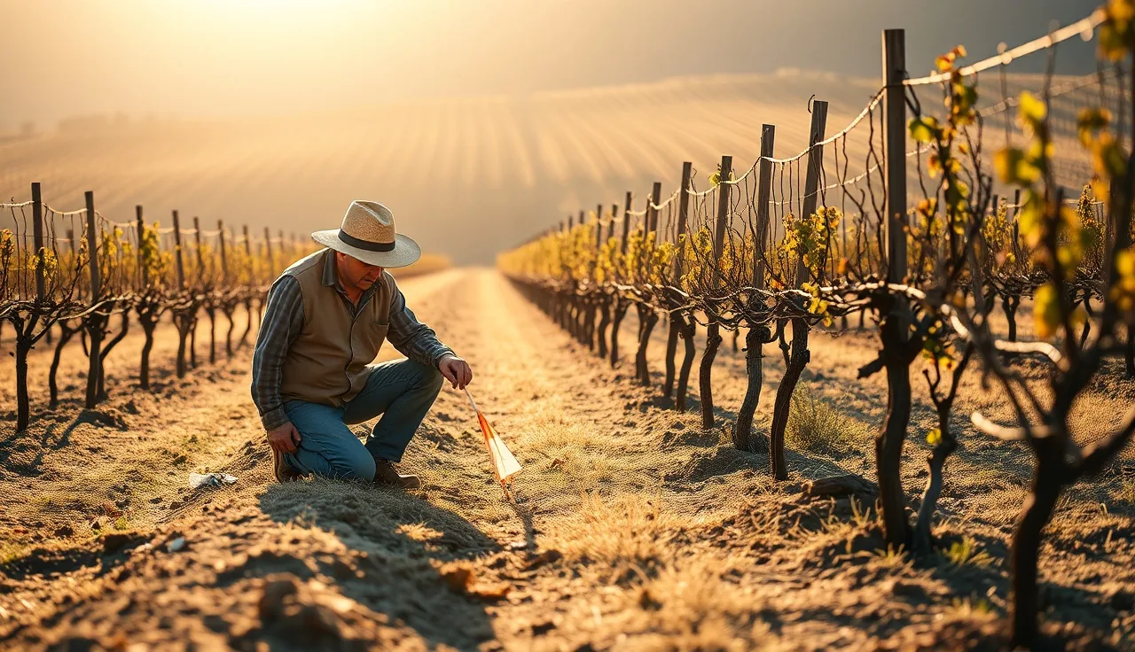 Vineyard worker flagging a missing vine position in a dormant block at dawn