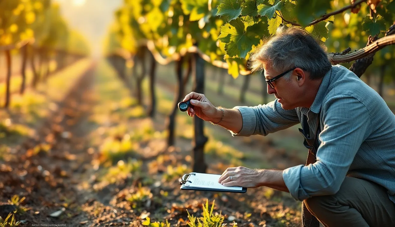 Scout examining grapevine bark for vine mealybug crawlers at dawn