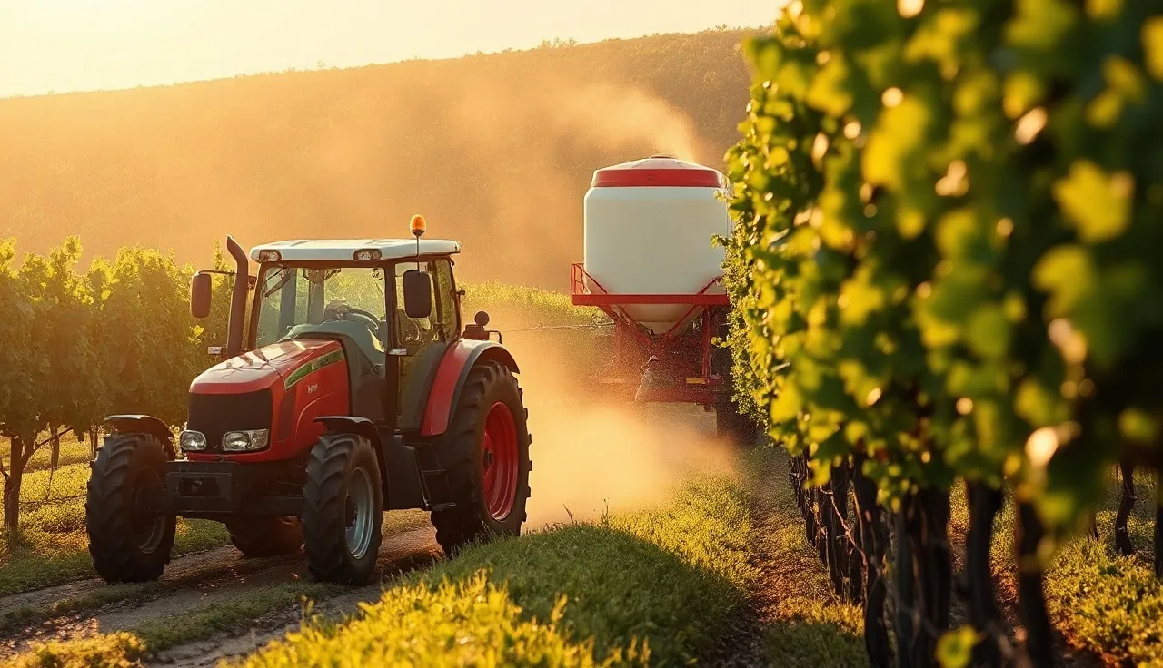 Tractor with tower air blast sprayer applying mist in a vineyard row at dawn