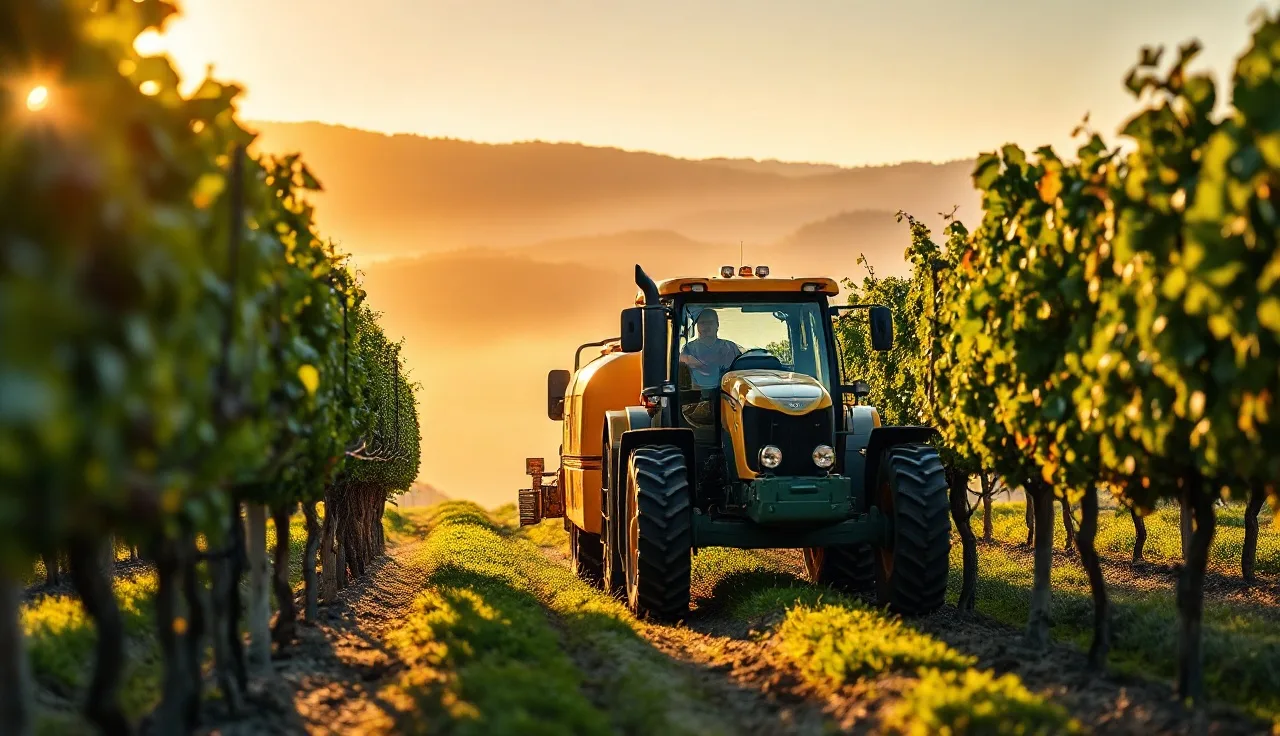 Tractor with airblast sprayer applying mist between grapevine rows at sunrise