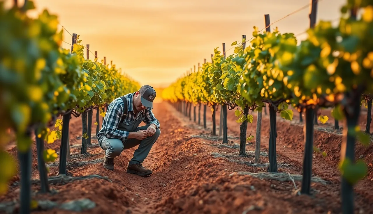 Farm worker inspecting a grafted vine union in a young vineyard block at sunset